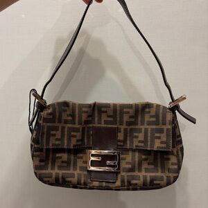 Fendi Brown Monogram Baguette Shoulder Bag with Gold Buckle